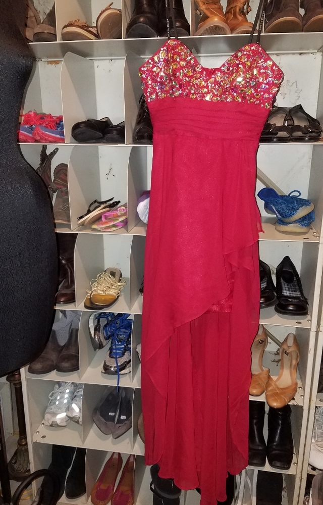 Masquerade red pinkish high low dress 3 4